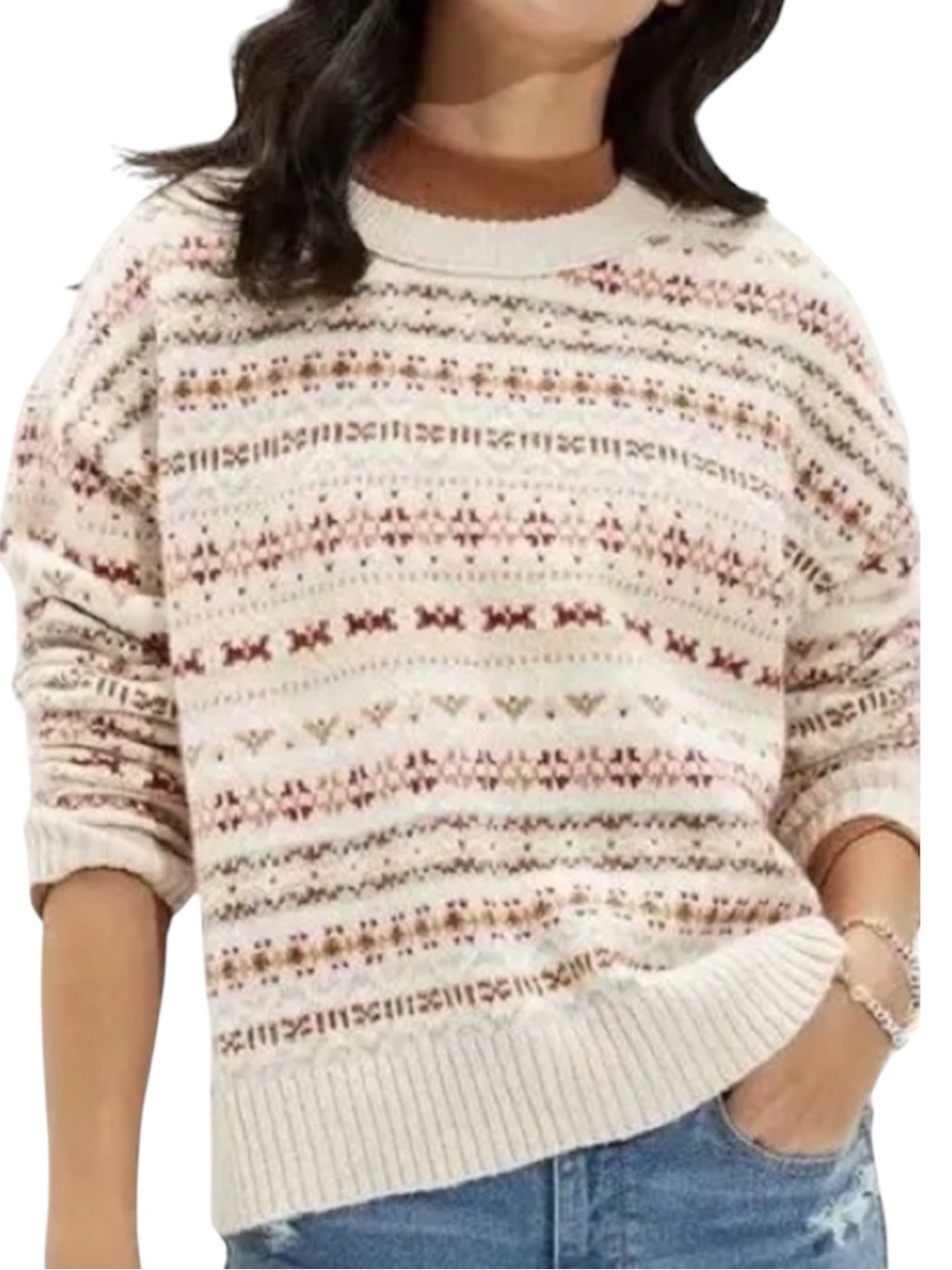 American Eagle Snowdrift Oatmeal Crewneck Fair Isle Sweater Sz M